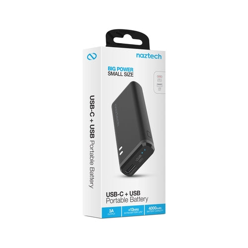 Naztech 4000mAh Powerbank mit USB-C & USB – Kompakte Schnelllade-Powerbank